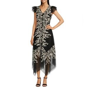 Alex Marie Kate V-Neck Short Flutter Sleeve Embroidered Lace Midi Dress